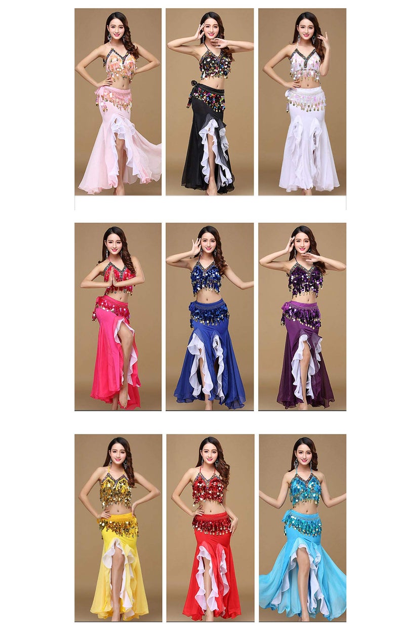 ORIDOOR Women's Belly Dance Dress Belly Dance Crop Top Bra Top and Belt Chiffon Dancing Skirts Costume 3-piece Outfit Lake Blue - Image 4